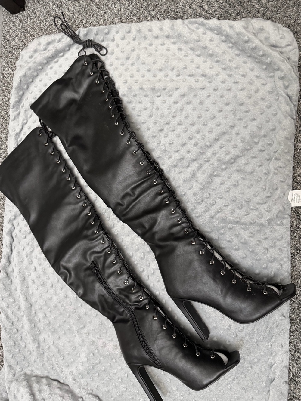 Liliana Black Lace-Up Over-the-Knee Peep-Toe Heeled Boots - Picture 2 of 5